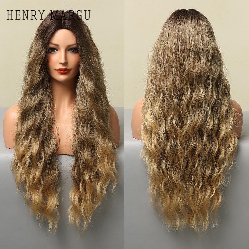 HENRY MARGU Long Wavy Brown Blonde Black Ombre Synthetic Wigs Natural Cosplay Wigs for Women Middle Part Wig Heat Resistant