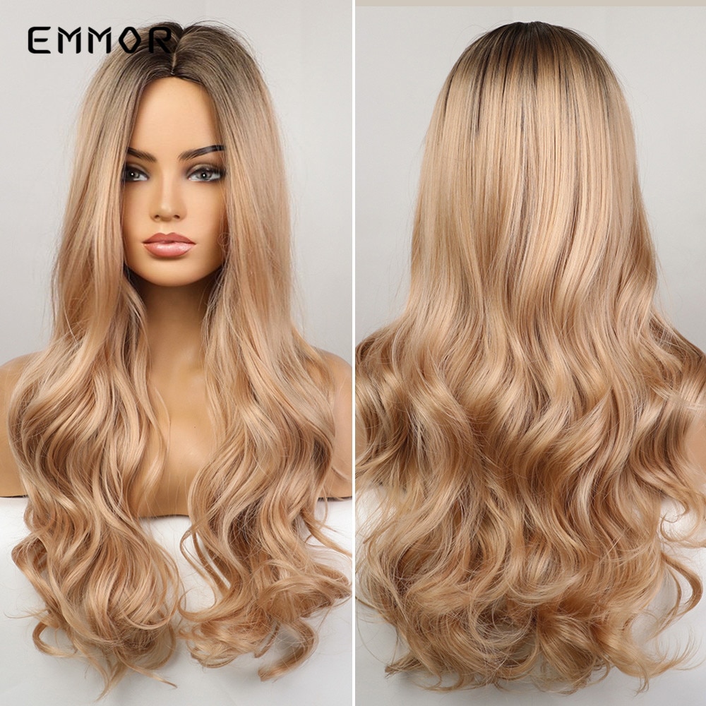 Emmor Long Wavy Hair Wig Ombre Brown to Blonde Synthetic Wigs for Women Natural Middle Part Heat Resistant Hair Cosplay Wigs
