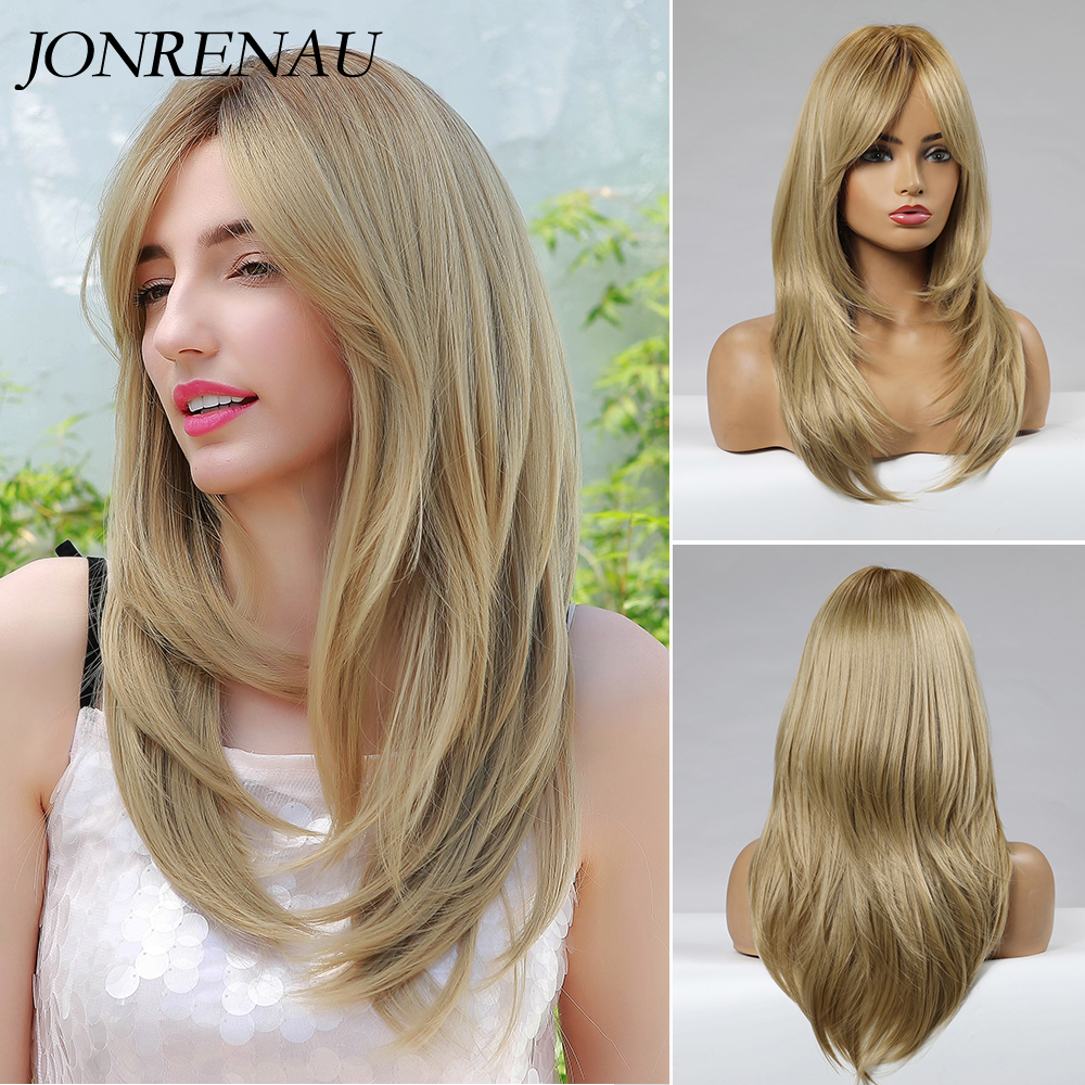 JONRENAU Heat Resistant Long Natural Wave Hair Synthetic Medium Blonde Hair Wigs with Bangs for White Women no shine Fibre wig
