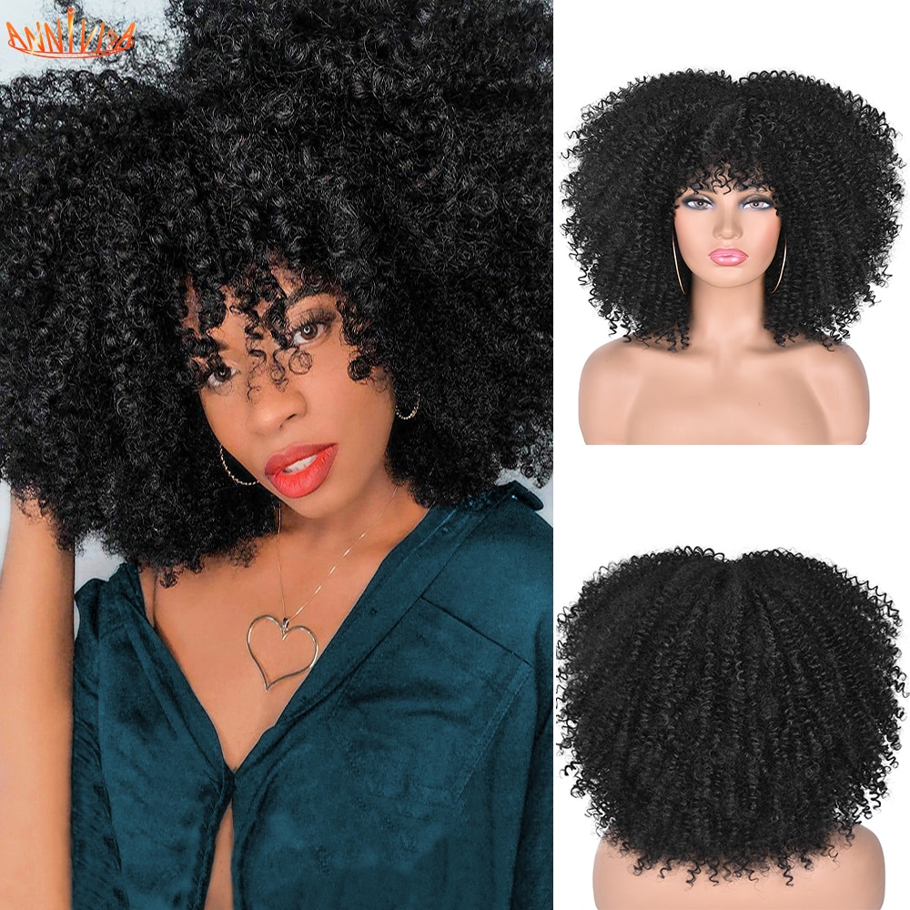 Short Hair Afro Kinky Curly Wigs With Bangs For Black Women African Synthetic Ombre Glueless Cosplay Wigs High Temperature 14