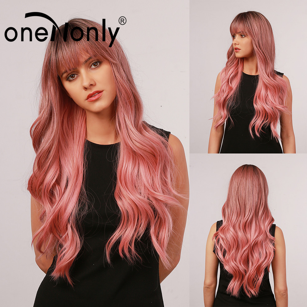 oneNonly Long Body Wave Ombre Brown Pink Synthetic Wigs with Bangs Natural Wave for Women Cosplay Natural Wig Heat Resistant