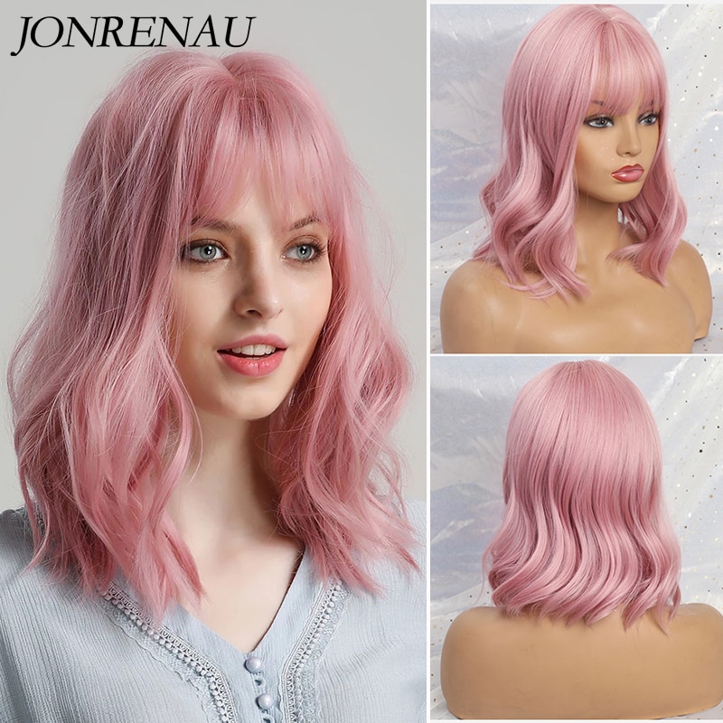 JONRENAU High Quality Short Natural Wave Hair Synthetic Wigs with Neat Bangs for Women Pink Beige Brown 3 Colors for Choose