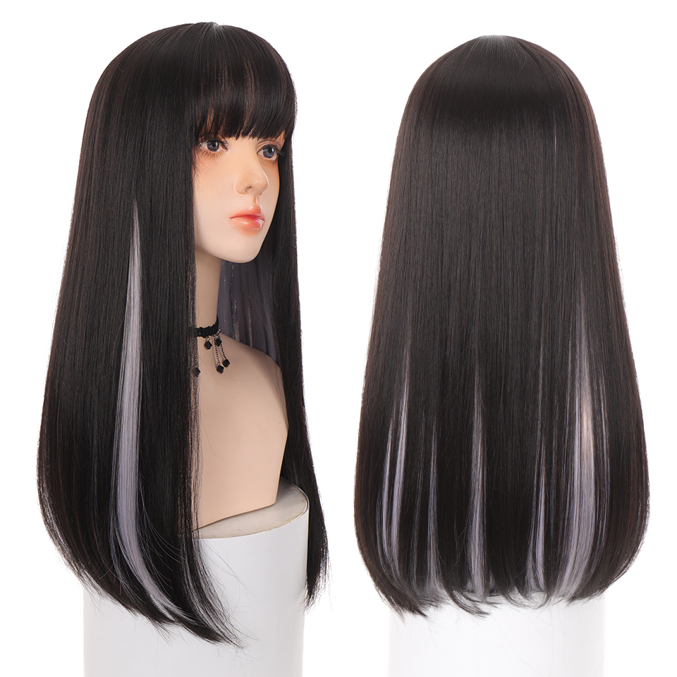 AILIADE Synthetic Long Straight Wigs Bangs Cosplay Wigs For Women Black Gray Party Lolita False Hair Wigs