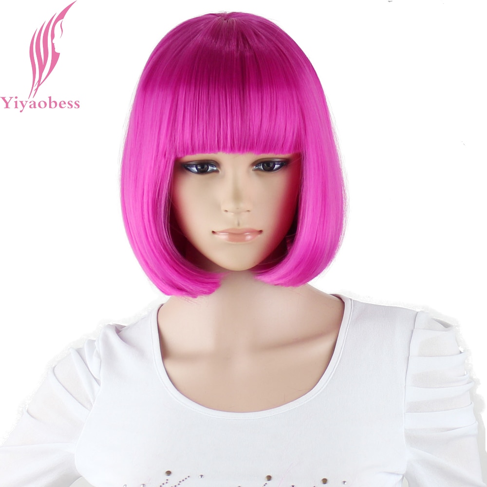 Yiyaobess Synthetic 10inch Straight Short Bob Wigs Bangs Blue Golden Red Black White Purple Pink Green Brown Cosplay Wig Female