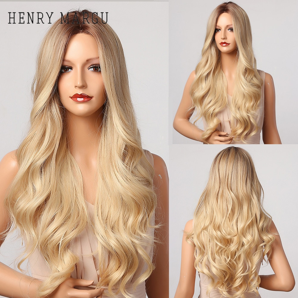 HENRY MARGU Ombre Brown Blonde Wig Long Wavy Middle Part Costume Cosplay Party Synthetic Wig for Women Afro Heat Resistant Fibre