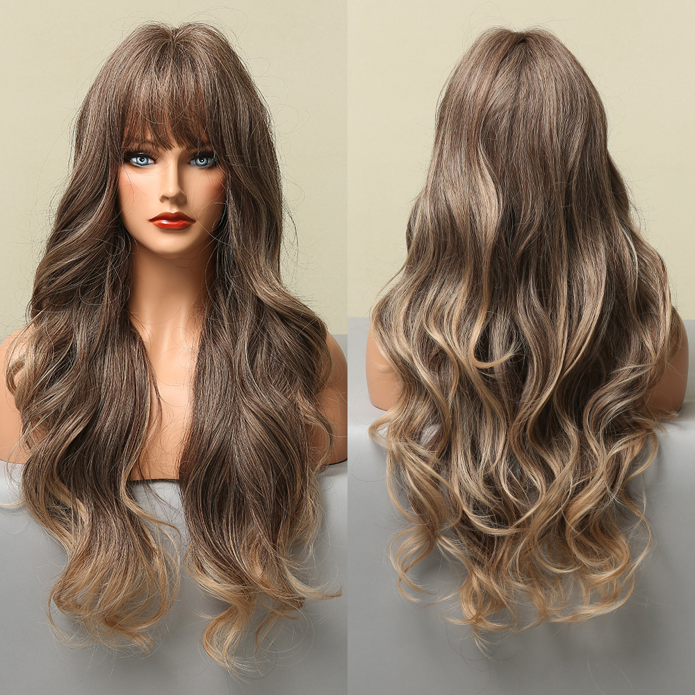 Brown Blonde Highlight Synthetic Wigs with Full Bangs Long Body Wave Wigs for Black Women Heat Resistant Fiber Cosplay Daily Use
