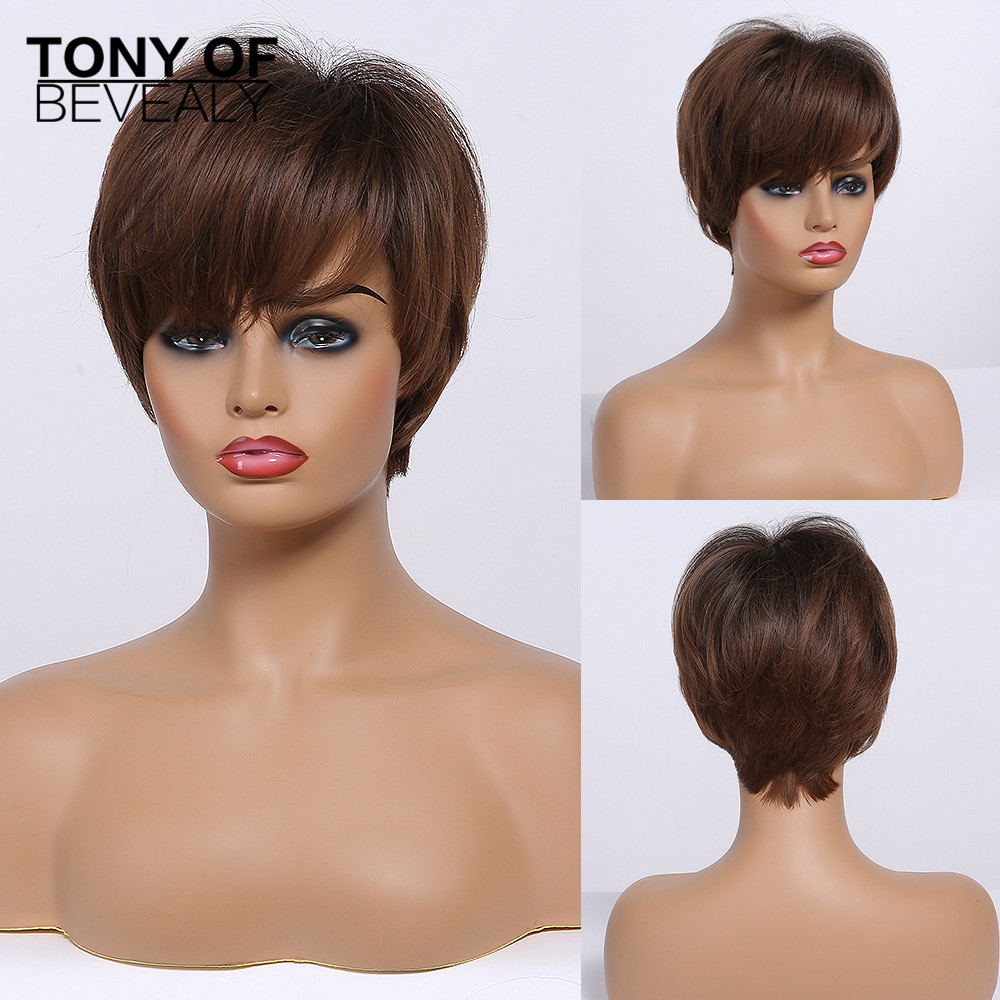 Short Straight Wigs Ombre Brown Synthetic Hair Wigs with Bangs for Black Women Daily Cosplay Heat Resistant Natural Hair Wigs