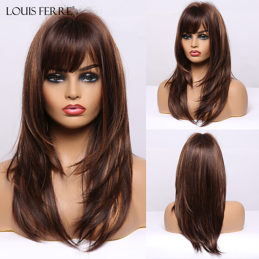 LOUIS FERRE Medium Dark Brown Golden Highlight Wigs Long Straight Layered Synthetic Wigs With Bangs for Black Women Cosplay