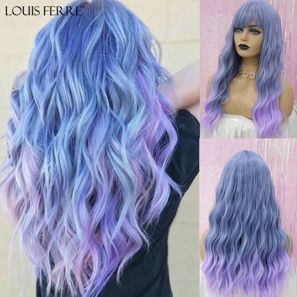LOUIS FERRE Long Wavy Wigs Synthetic Wigs Ombre Blue Purple Wig with Bangs High Temperature Fiber for Black Women Heat Resistant