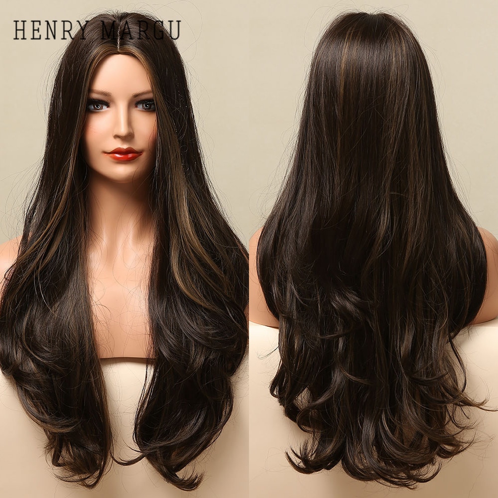 HENRY MARGU Long Black Brown Body Wave Synthetic Wigs Heat Resistant Natural Cosplay Wigs for Women Middle Part Hair Wigs