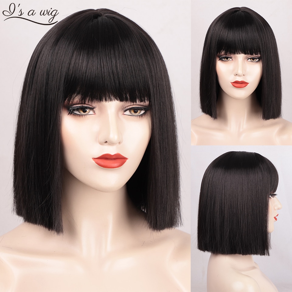 I's a wig Short Straight Black Wig with Bangs Synthetic Bob Wigs for Women Pink Red Purple Brown Cosplay Hair for Party Daily