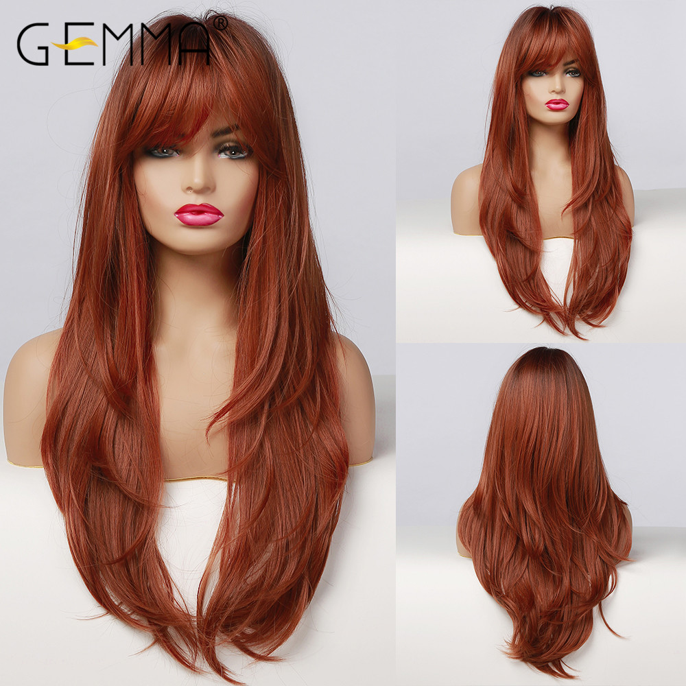 GEMMA Long Straight Ombre Black Orange Wine Red Wig with Bangs Synthetic Hair for Women Heat Resistant Layered Cosplay Daily Wig