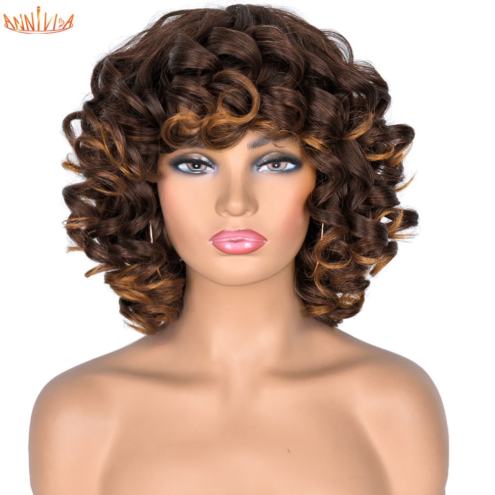 Short Hair Afro Curly Wig With Bangs For Black Women Synthetic Ombre Glueless Cosplay Wigs High Temperature Annivia