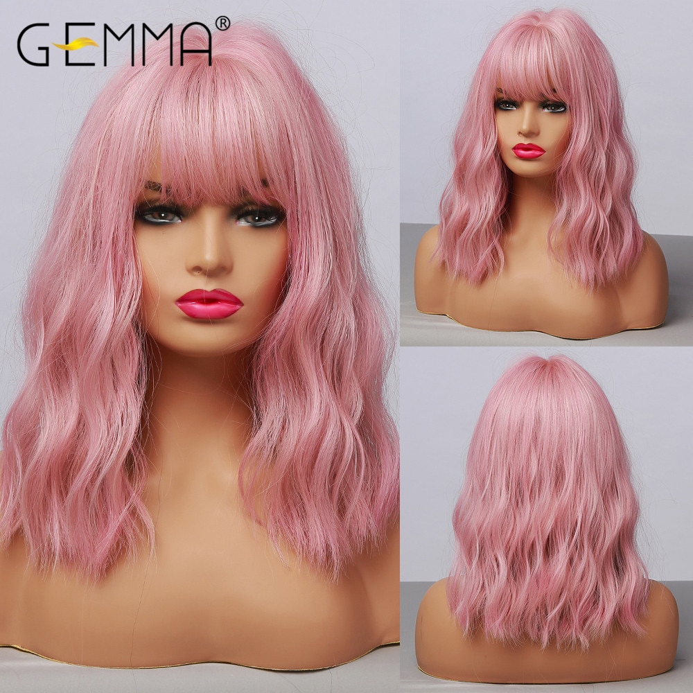 GEMMA Medium Wavy Synthetic Wig with Bangs for Black Women African American Natural Pink Bob Lolita Cosplay Heat Resistant Hair