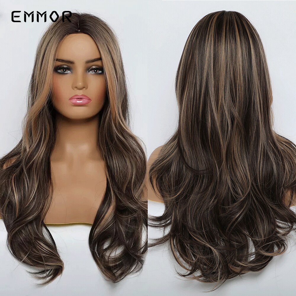 Emmor Long Chestnut Color Wigs Natural Brown Wavy SyntheticWave Hair Wig for Women High Temperature Layered Daily Ombre Wig