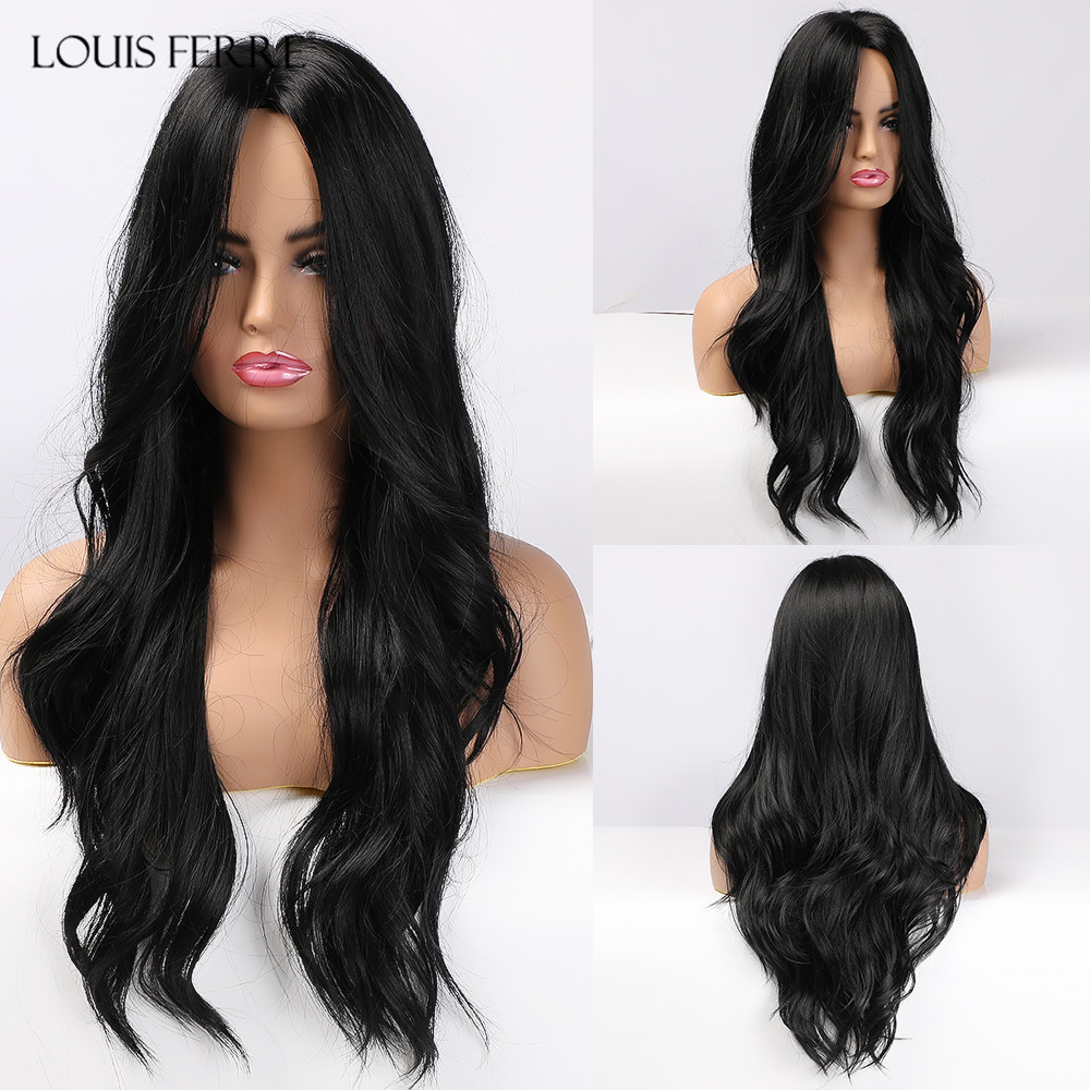 LOUIS FERRE Long Water Wave Black Wig for Women Afro Natural Middle Part Synthetic Wig Female Cosplay Daily Heat Resistant Fiber