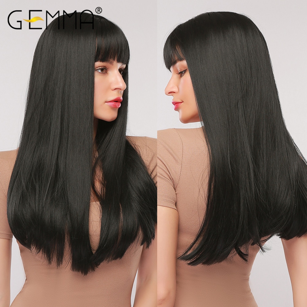 GEMMA Cosplay Long Straight Black Synthetic Wigs with Bangs for Women African American Lolita Daily Party Heat Resistant Fibre