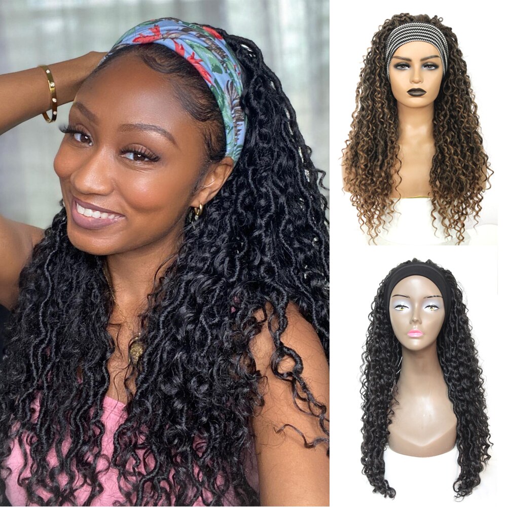 Headband Wig Braided Wigs With Curly Faux Locs Crochet Braid Hair for Black Women SOKU Ombre 26Inch Long Synthetic Wig Head Band