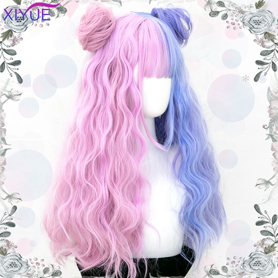 XIYUE Blue Pink Lolita Wigs Ombre Long Water Wave Cosplay Wigs Synthetic Hair Wigs Heat Resistant For Women American Style