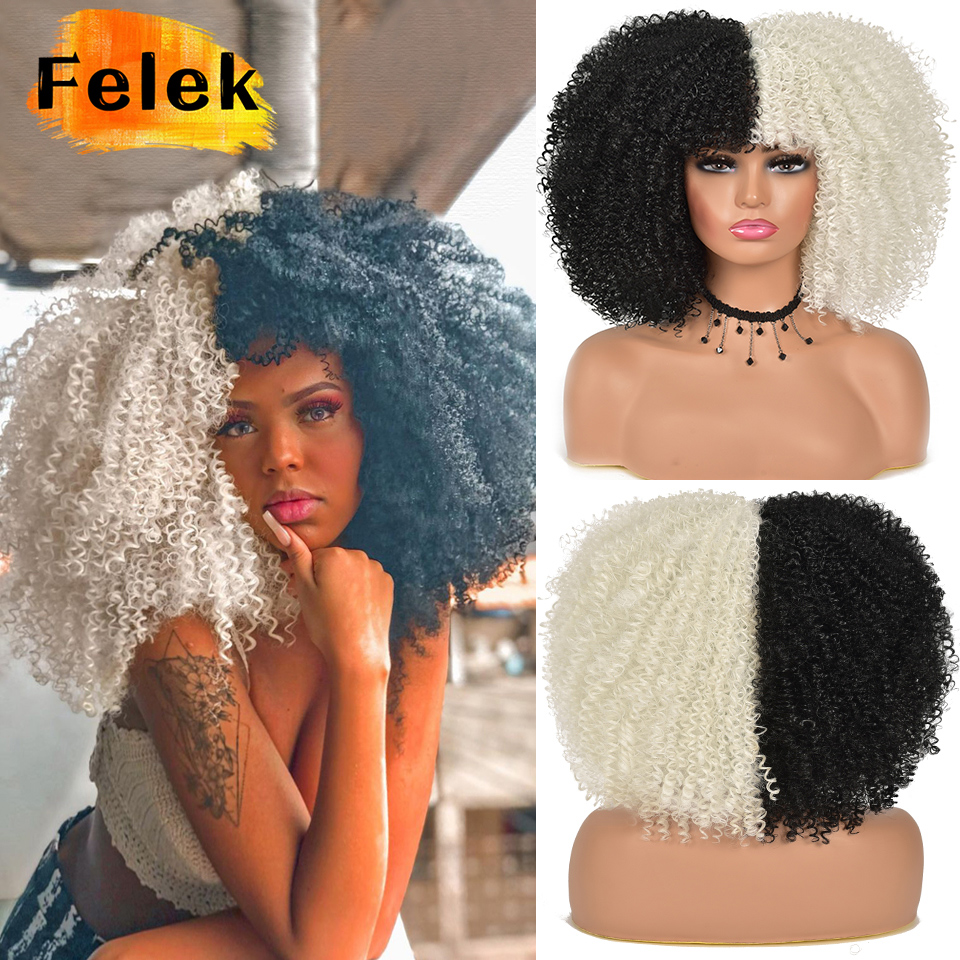 Short Hair Afro Kinky Curly Wigs With Bangs For Black Women African Synthetic Omber Glueless Cosplay Wigs High Temperature Felek