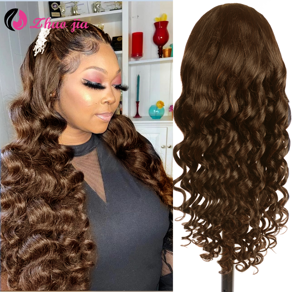 Brazilian 4# Loose Wave Wig 30 Inch Brown Lace Closure Human Hair Wigs For Black Women Pre Plucked 250 Density  4x4 Closure Wig