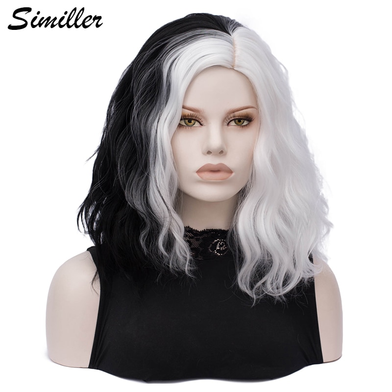 Similler Black White Patchwork Colors Short Cosplay Wigs for Women Curly Synthetic Hair Central Part with Free Wig Cap
