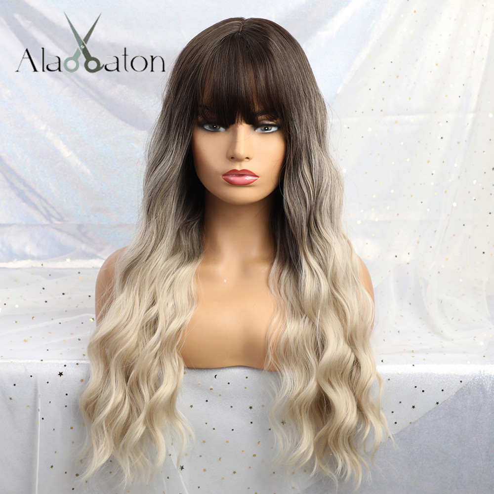 ALAN EATON Ombre Blonde Black Brown Cosplay Lolita Wigs With Bangs Long Wavy Synthetic Hair Wig For Women High Temperature Fiber