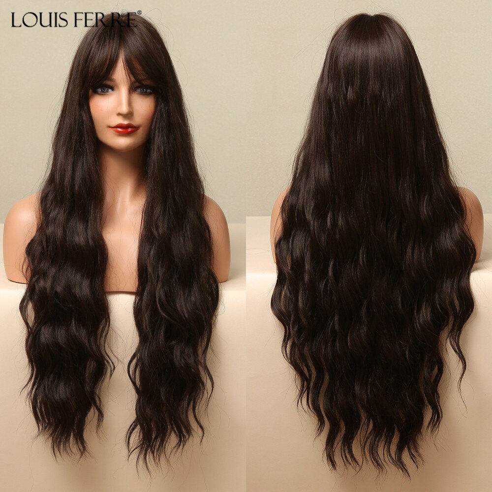 LOUIS FERRE Chocolate Brown Long Curly Wave Synthetic Wigs for Women Daily Party Cosplay Hair Wigs with Bangs Heat Resistant Wig