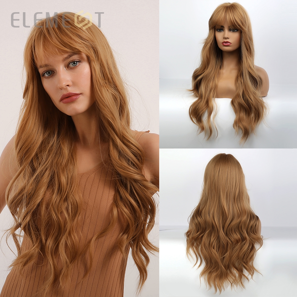 Element Long Wavy Golden Blonde Hair Wigs with Bangs Body Wave Curly Synthetic Wig for White Black Women Party Cosplay