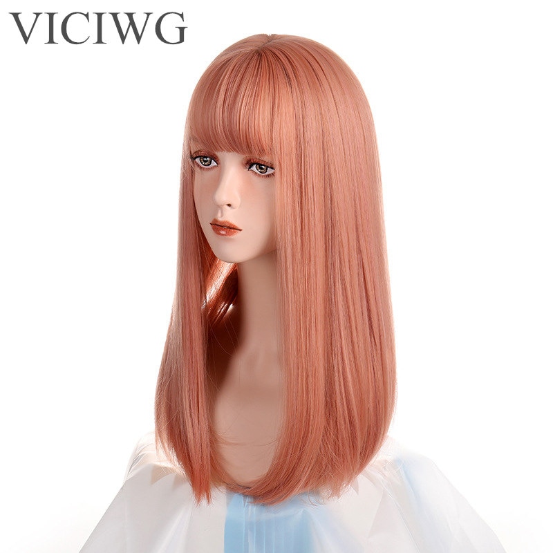 VICWIG Medium Length Cosplay Wig With Bangs Light Orange Synthetic Straight Hair Heat-resistant Rose Net Wigs For Women