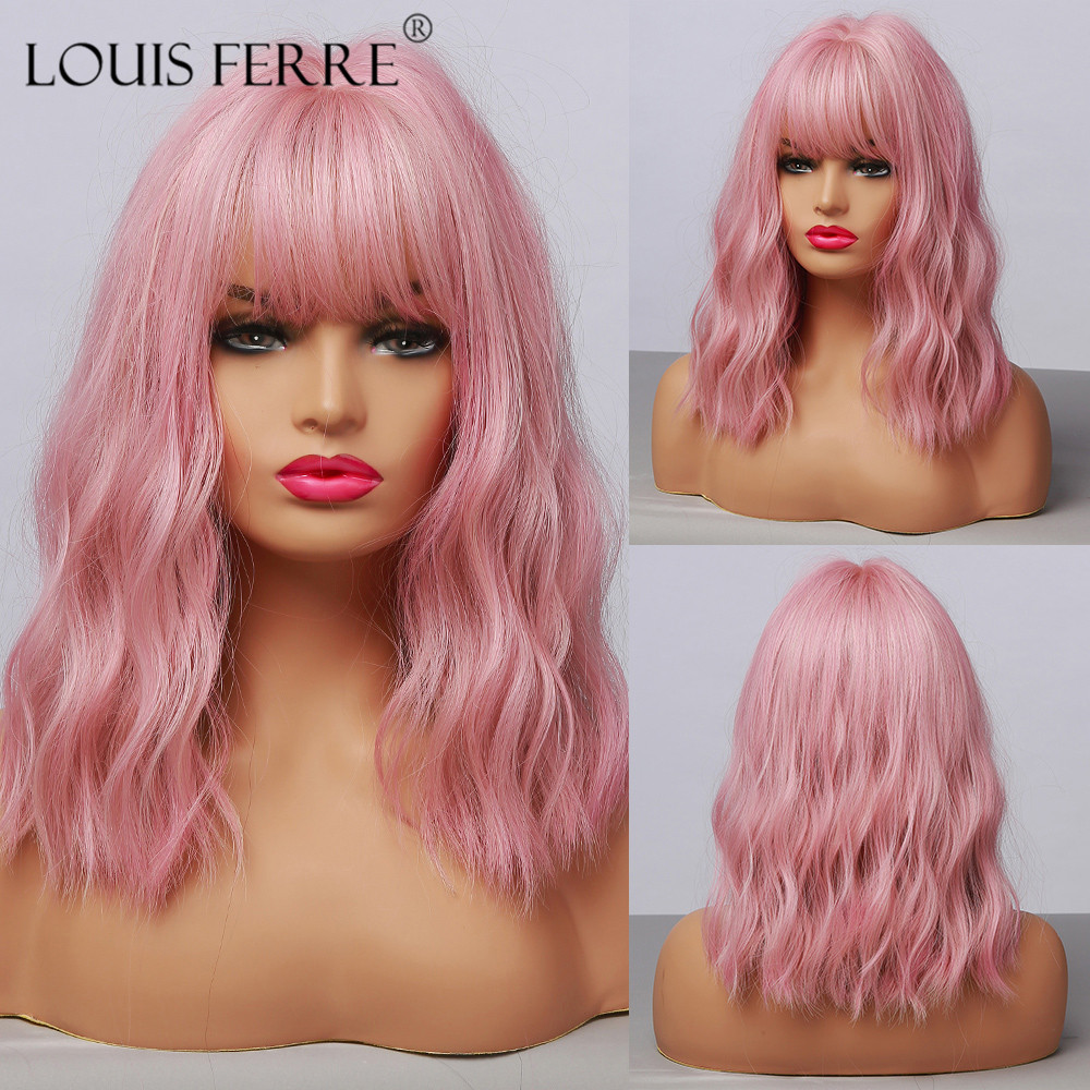 LOUIS FERRE Short Bob Purple Pink Wig for Women Pastel Wavy Wig With Air Bangs Medium Curly Wavy Cosplay Synthetic Colorful Wig