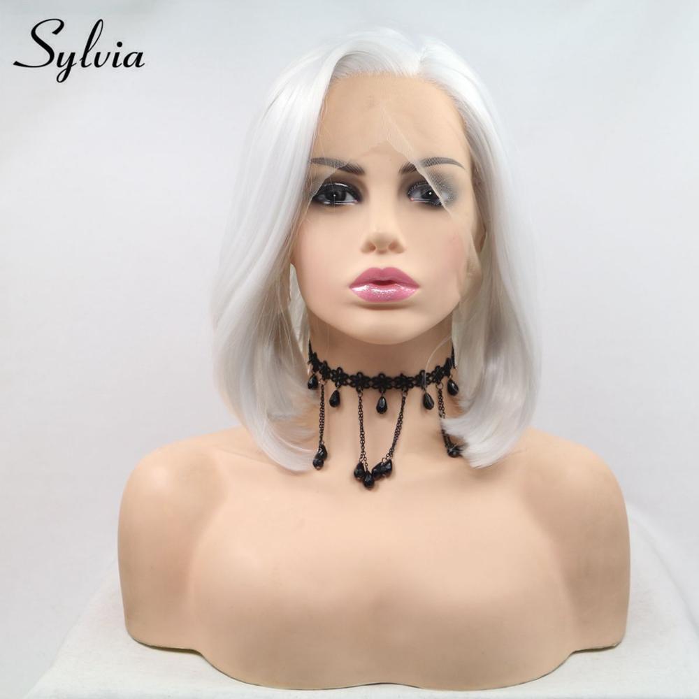 Sylvia Short Straight Bob Synthetic Lace Front Wigs Side Part For Women Hand Tied Heat Resistant Daily Wear White Cosplay Wig