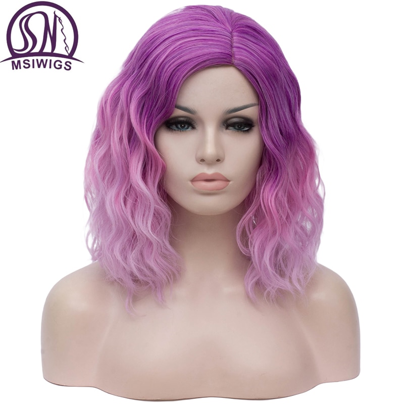 MSIWIGS Woman Two Tone Short Pink Blue Wigs Short Curly Ombre Synthetic Hair Wig For Black White Women Cosplay Bob Wigs