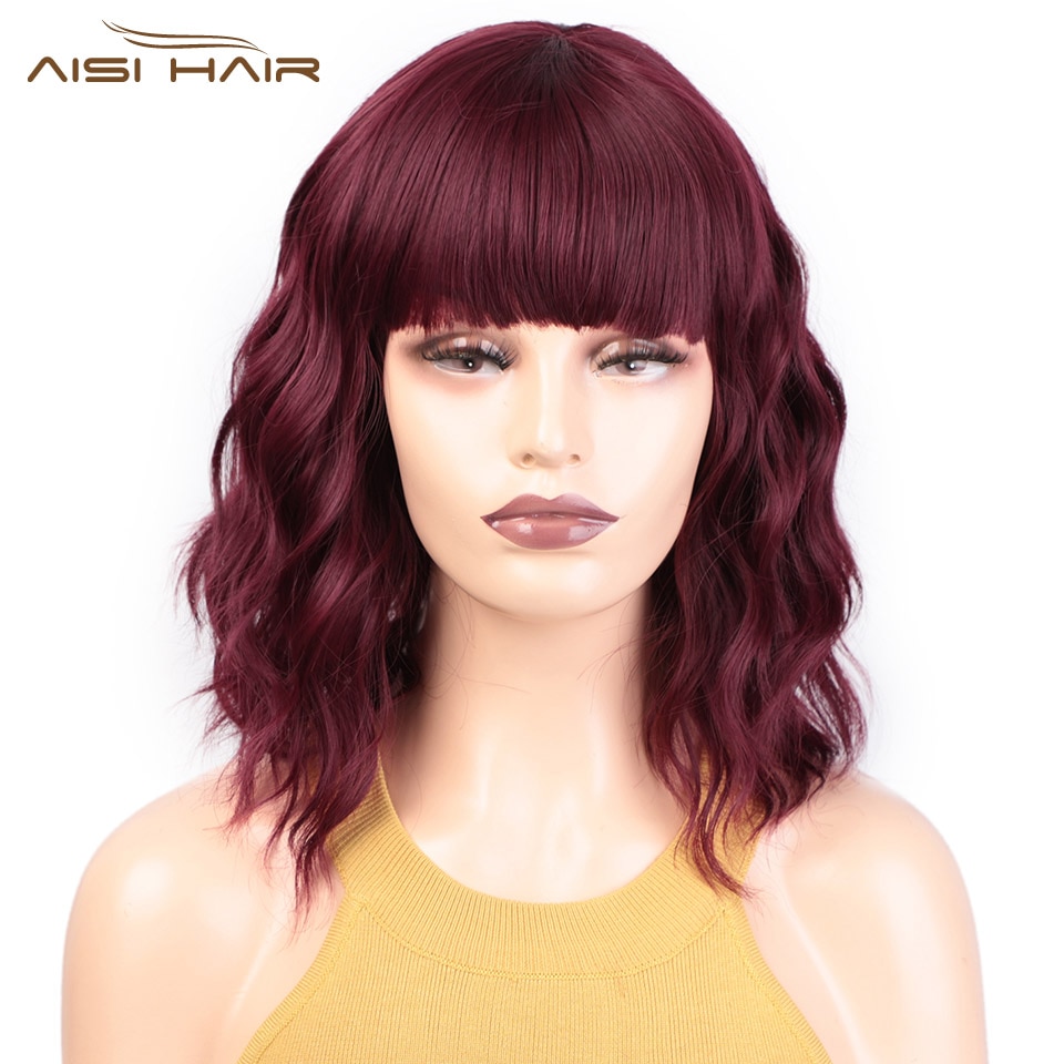 I's a wig Short Red Water Wave Bob Wigs Synthetic Wigs with Bangs for Women Black Brown Pink Cosplay Wigs Heat Resistant Hair