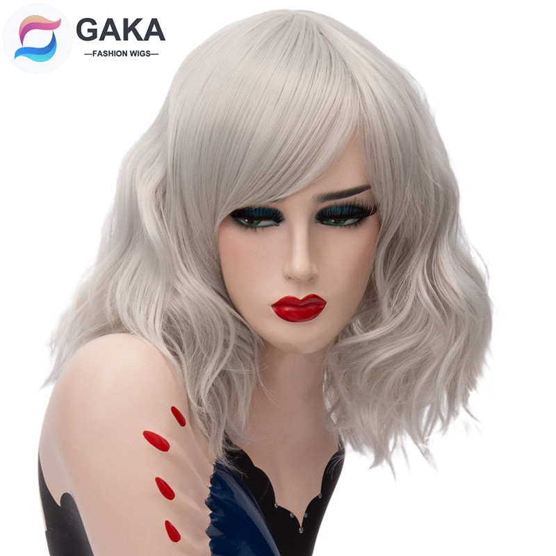 GAKA Short Wig Grey White Natural Wavy Cosplay Red Wig with Side Bang for Women 12 Colors Party Costume Natural Synthetic Hair