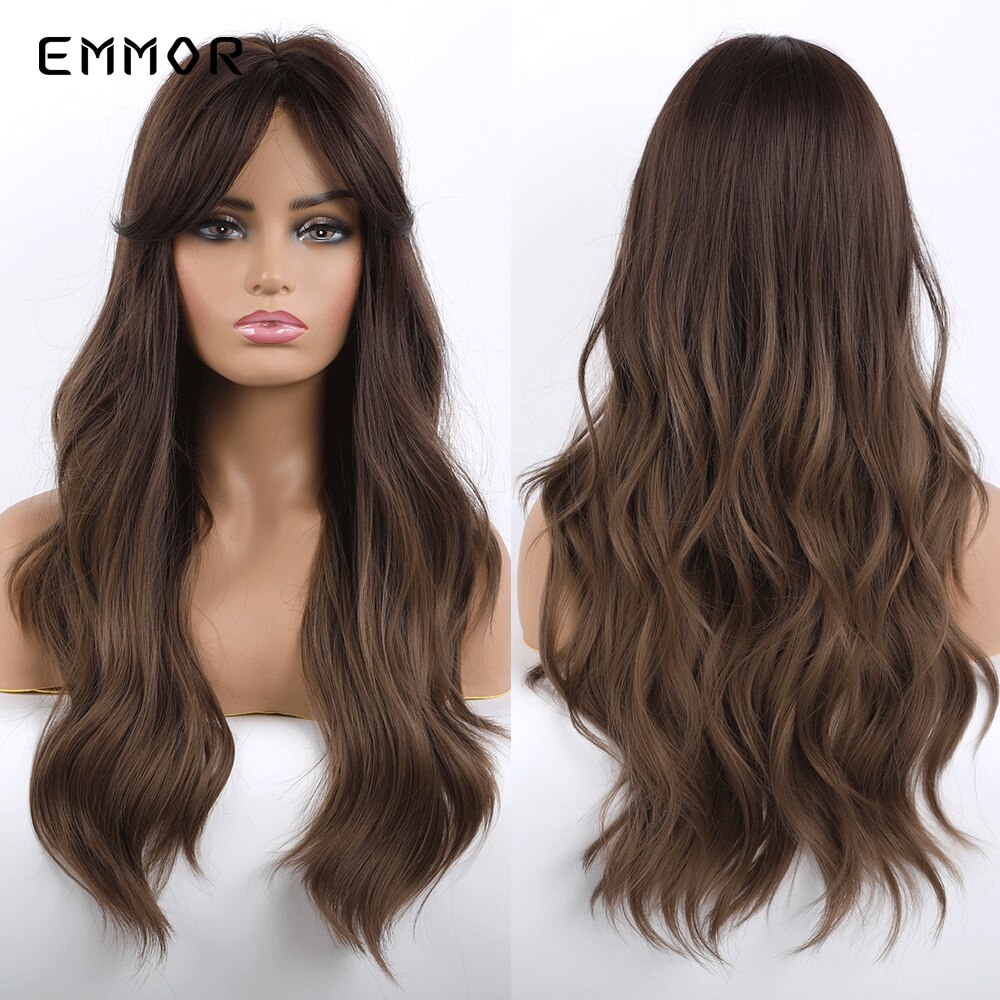 Emmor Ombre Dark Brown Wave Synthetic Hair Wigs with Bangs High Temperature Wavy Cosplay Costume Daily Wig for American Women