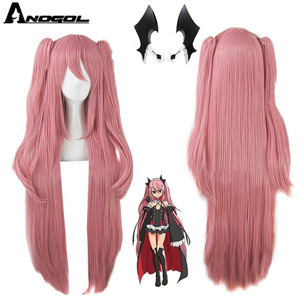Anogol Brand Anime Krul Tepes Wig Pink Double Ponytail Synthetic Cosplay Wig Natural Long Straight Wig for Women Costume Party