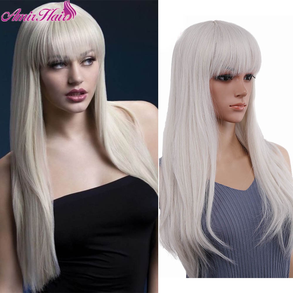 Amir Long wig Natural Straight hair Synthetic wig with bangs For African Women White Wig Cosplay Costume Party Halloween