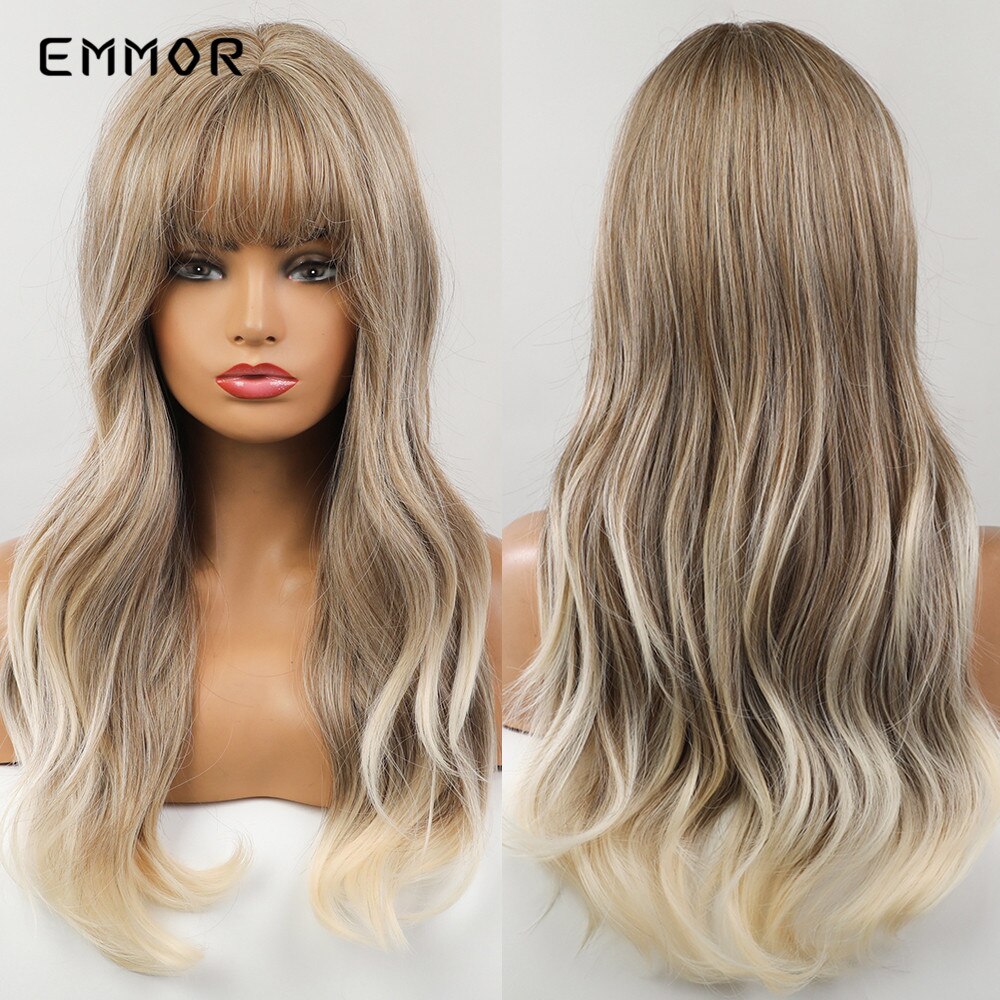 Emmor Synthetic Wig Ombre Brown Platinum Blonde Wig for Women Long Wavy Highlight Wigs with Bangs for Women Cosplay Costume Wigs