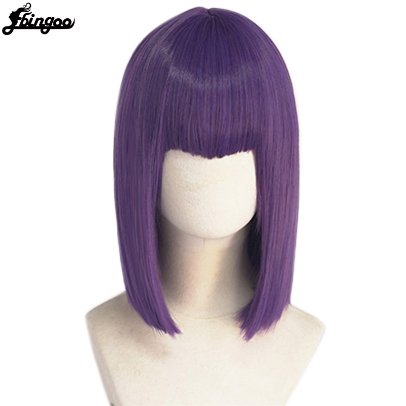Ebingoo High Temperature Fiber Short Striaght BoBo Purple Synthetic Cosplay Wig with Bangs for Women Halloween Costume Party