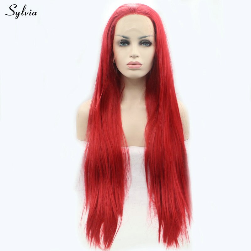 Sylvia Long Red Wig Straight Lace Front Wig Heat Resistant Fiber Synthetic Hair Cosplay Costume Party For Women Girls Free Part