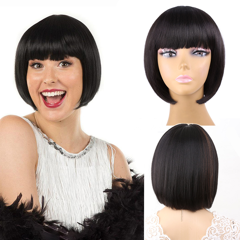 Amir Short Straight Bob Wigs With Bangs Black Synthetic Hair For Women Costume Wig Cosplay Heat Resistant Fiber