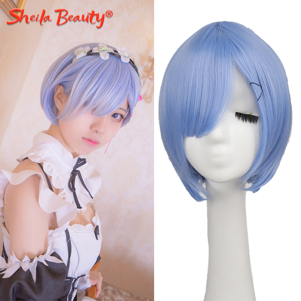 Ramrem Cosplay Costume Wig Synthetic Short Straight Hair Ombre Blue Purple Lolita Wig for Women Black Natural Hair with Bangs