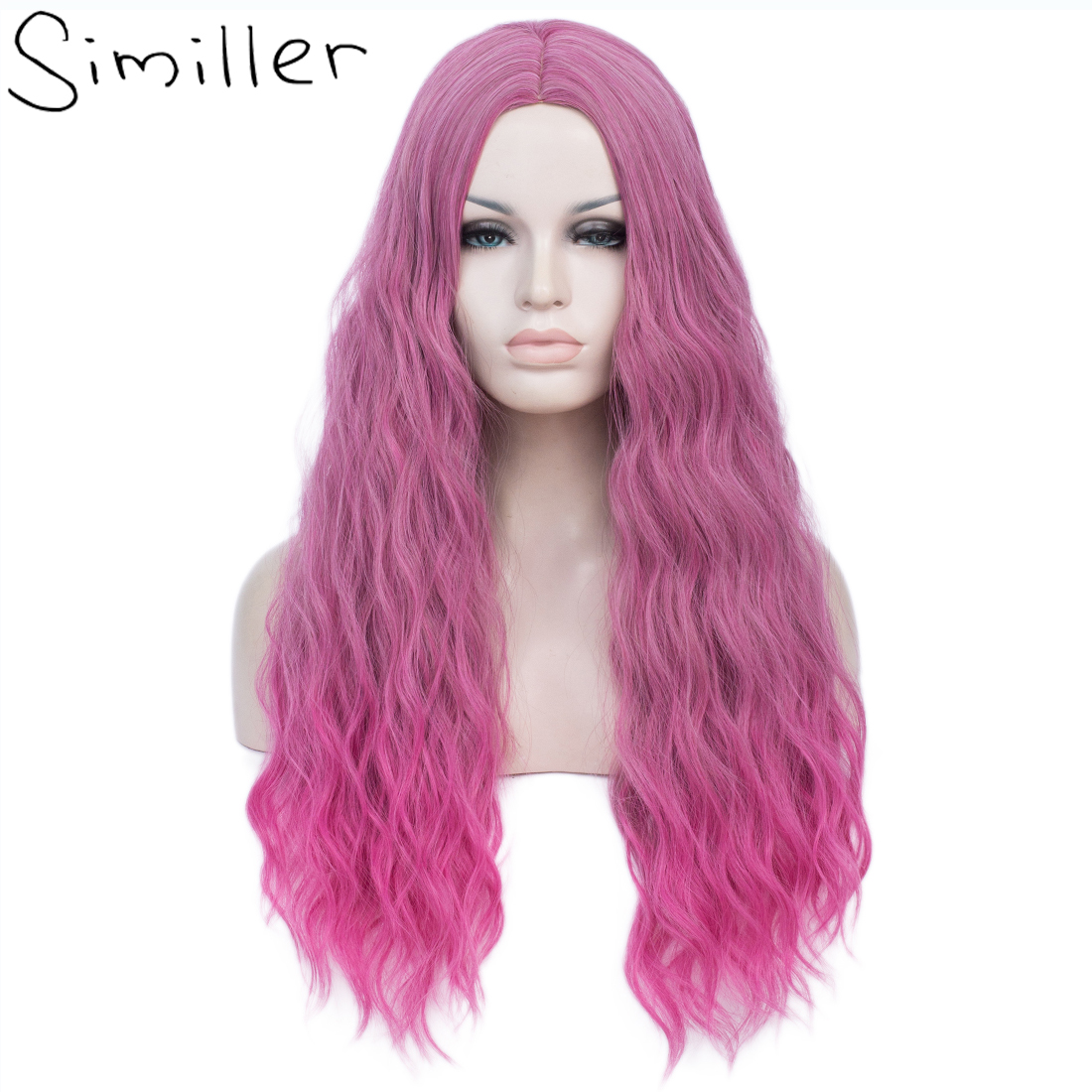 Similler Halloween Costume Long Synthetic Wig for Women Curly Purple Rose Red Ombre Cosplay Wig Heat Resistance Hair