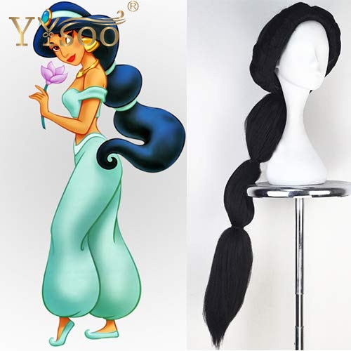 YYsoo Long Princess Cosplay Wig Synthetic Hair Kinky Straight Black Color Braided Middle Part Costume Wigs for Women Party Use