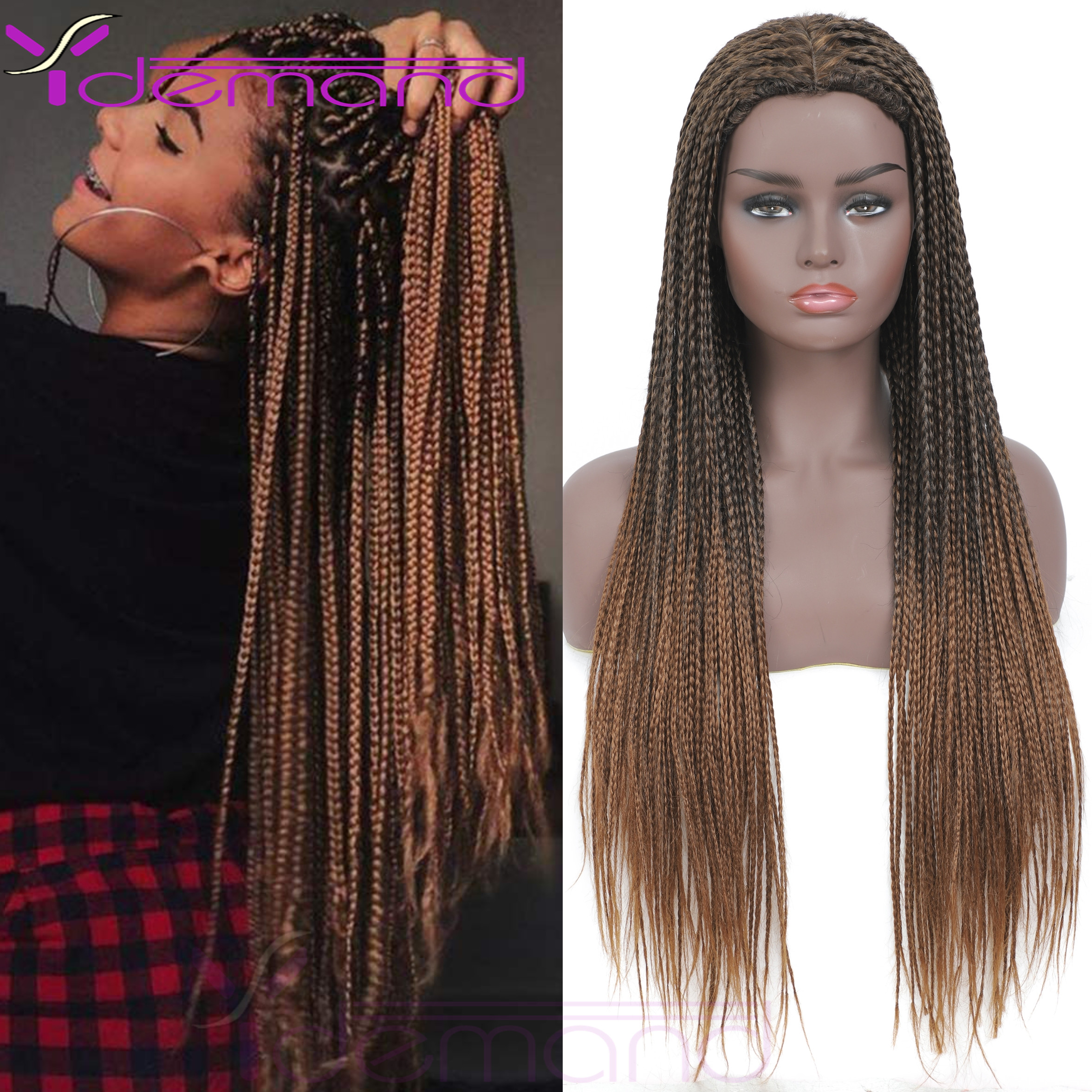 Y Demand Black Ombre-Brown Braided Wigs For Black Women Or Men Synthetic Wig Crochet Hair Braids  With BOX 2021 New