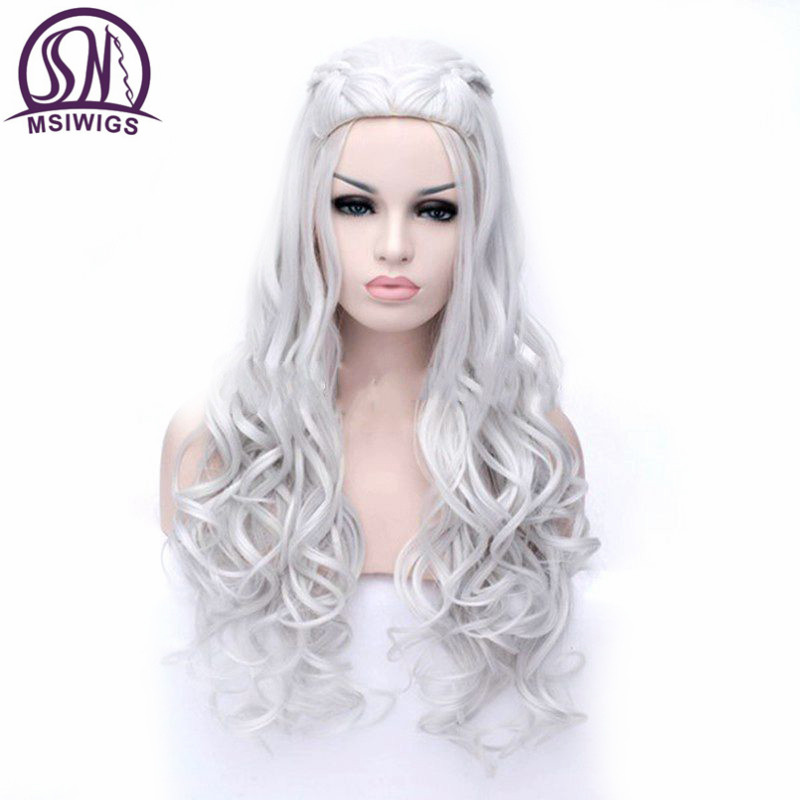 MSIWIGS Long Silver White Curly Wigs Cosplay Synthetic Blonde Braided Wig for Women Natural Hair Heat Resistant