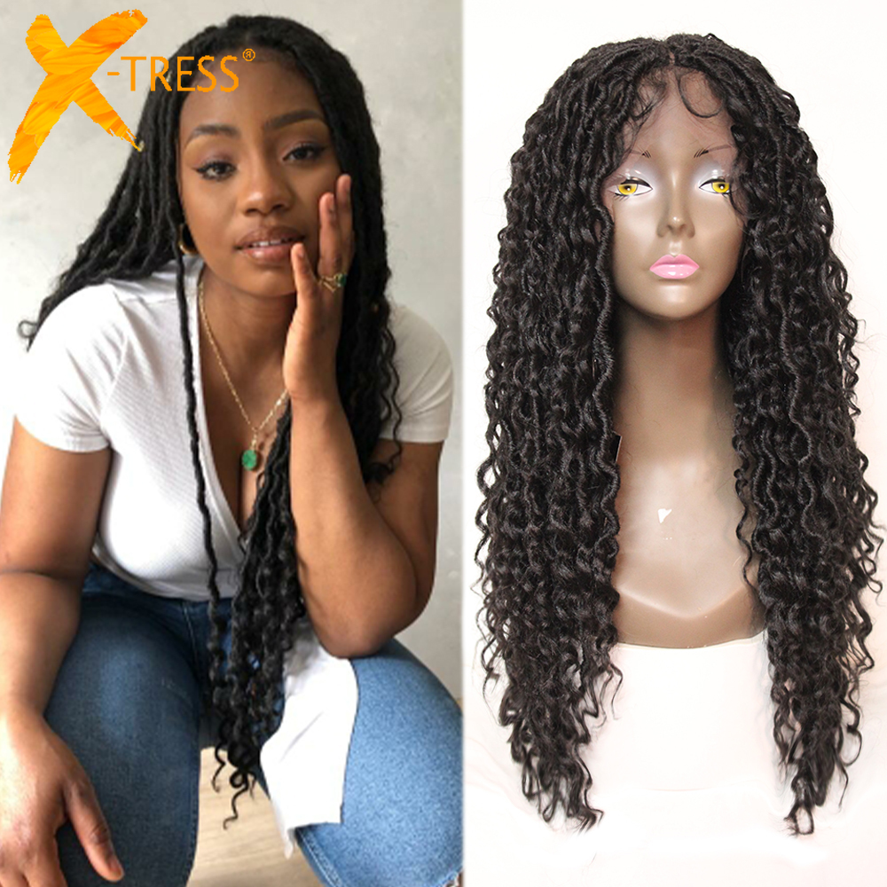 Synthetic Curly Braided Wigs For Black Women Black Colored Faux Locs Crochet Braids Mixed Water Wave Hair Wig With Baby Hair
