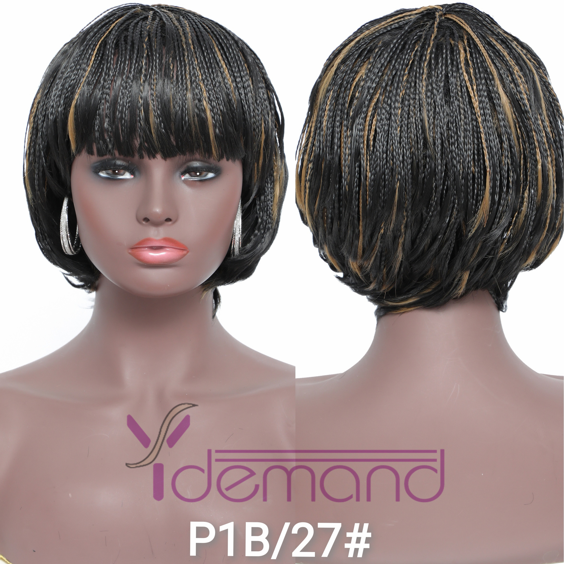 Y Demand Short Braided Wigs With Bangs For Women Braid African Wig Natural Black Cool Girl Natural Hair Synthetic Fiber