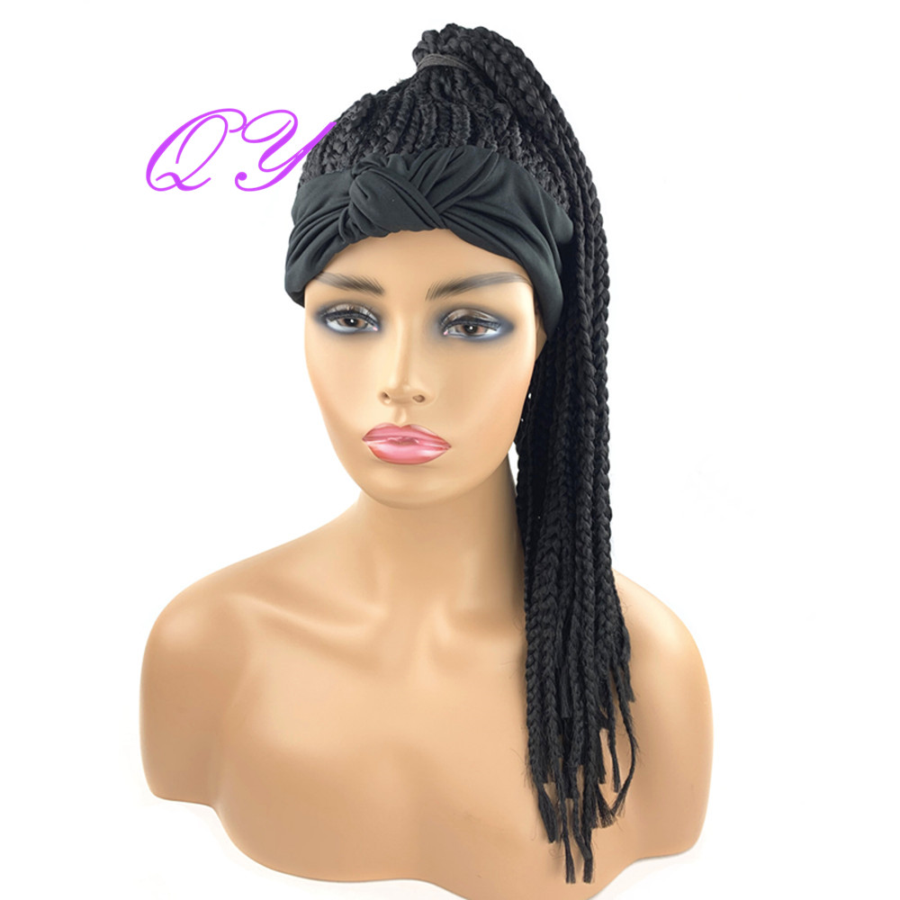 QY Hair Black HeadBand Wig Synthetic Box Braided Head Wigs For African Women Curly Turban Hair Wigs